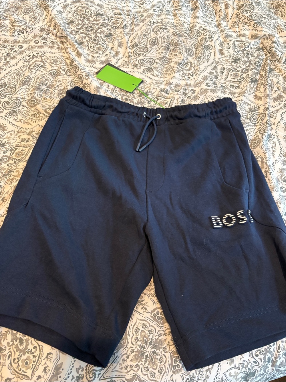 Boss Navy Logo Cotton Drawstring Athletic Shorts